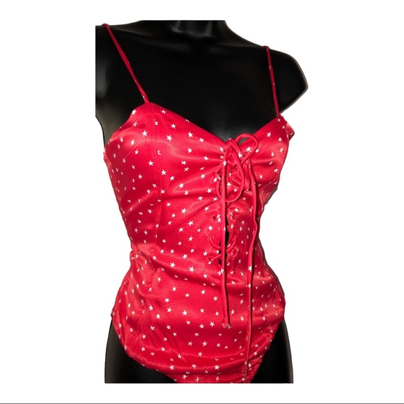 Zara red retro satin silk effect white stars lace-up spaghetti strap bodysuit - Picture 10 of 14